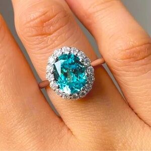 New! Aqua Gemstone Ring w/ Rhinestones